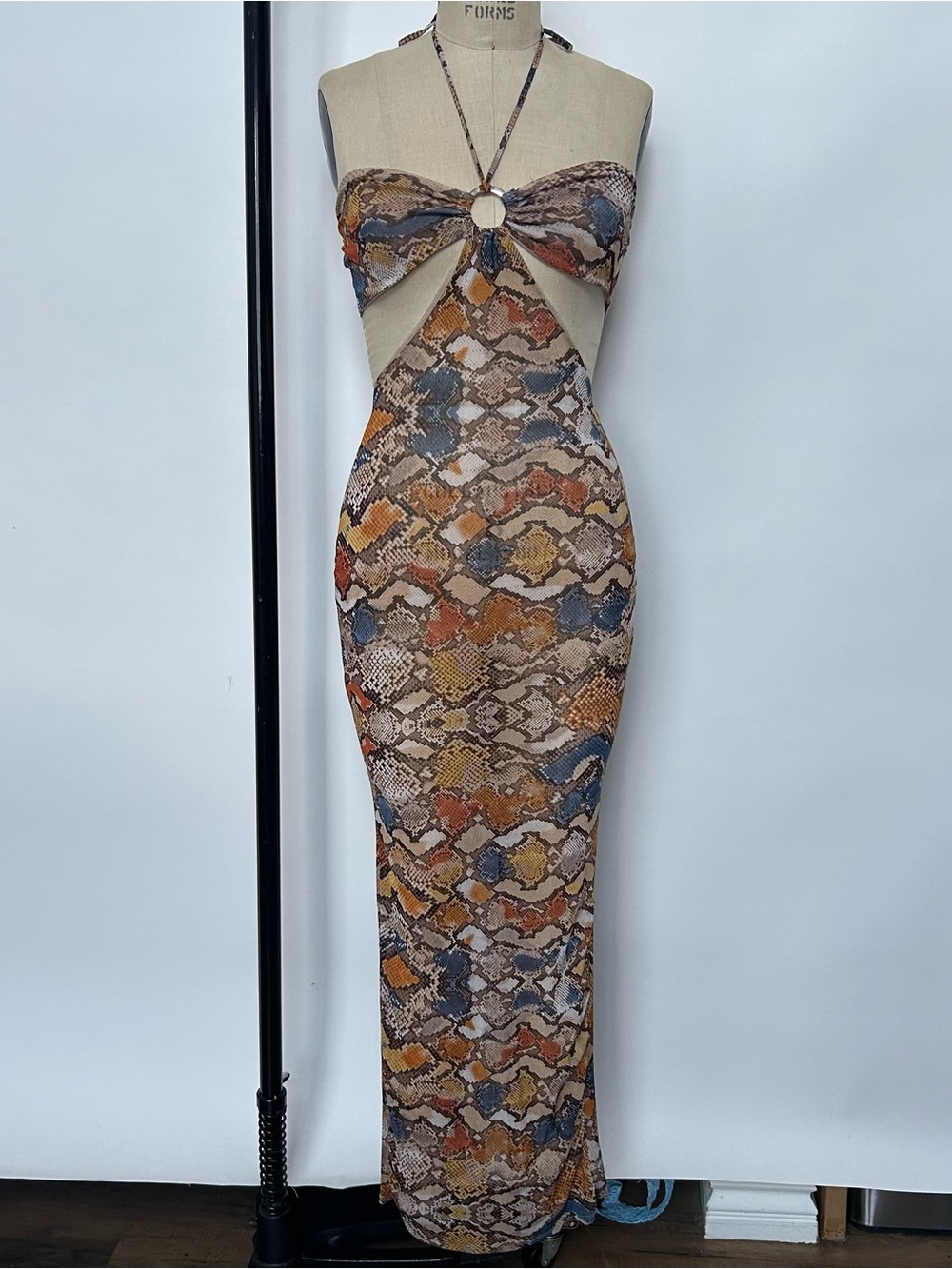 Cutout Halter Maxi Dress in Brown Multi Snake Print